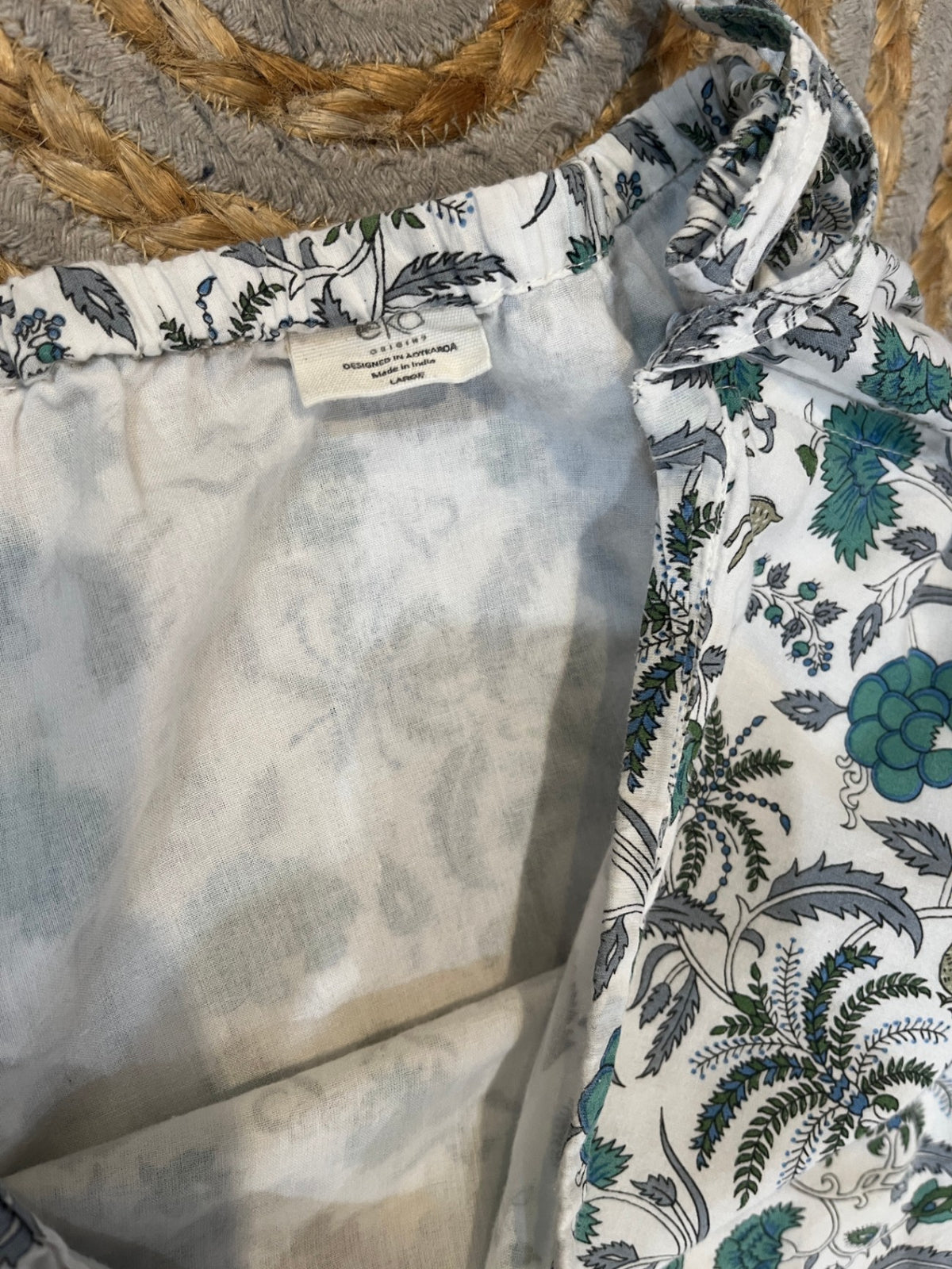 EKO Floral A-Line Skirt – White & Teal Boho Print | Size Large | Made in India