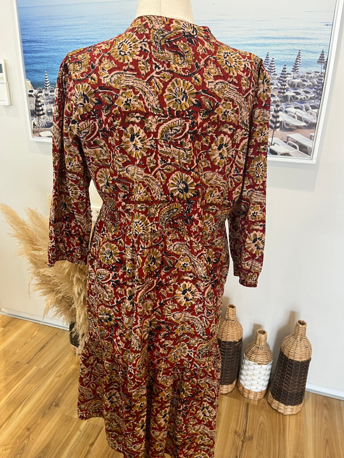 Karma East Tiered Floral Dress – Tan Boho ¾ Sleeve Knee Length | Small
