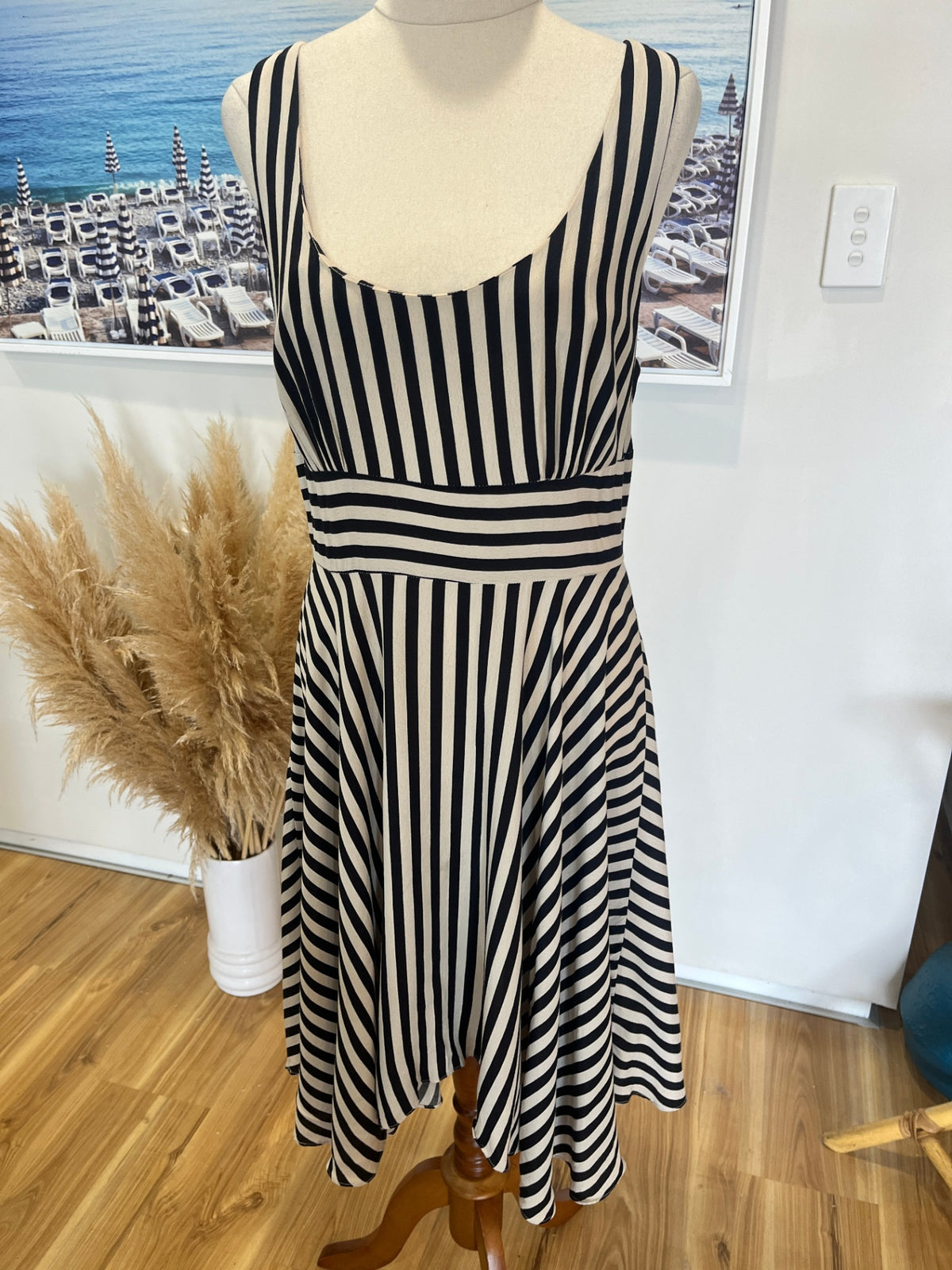 Portmans Black & Cream Striped Dress Size 12 – Cut-Out Back