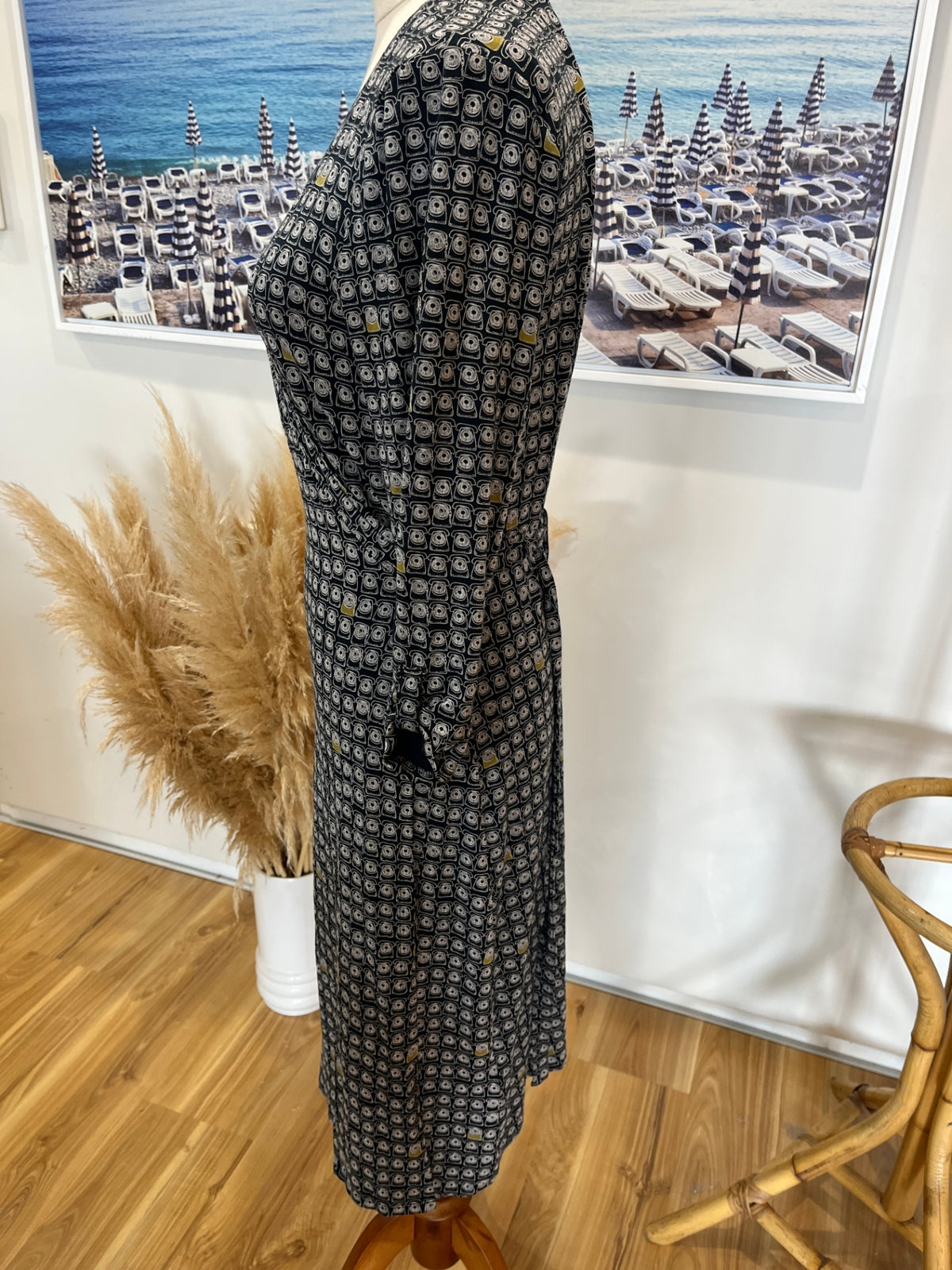 White Stuff Navy Telephone Print Wrap Dress – Size 12 | 3/4 Sleeve