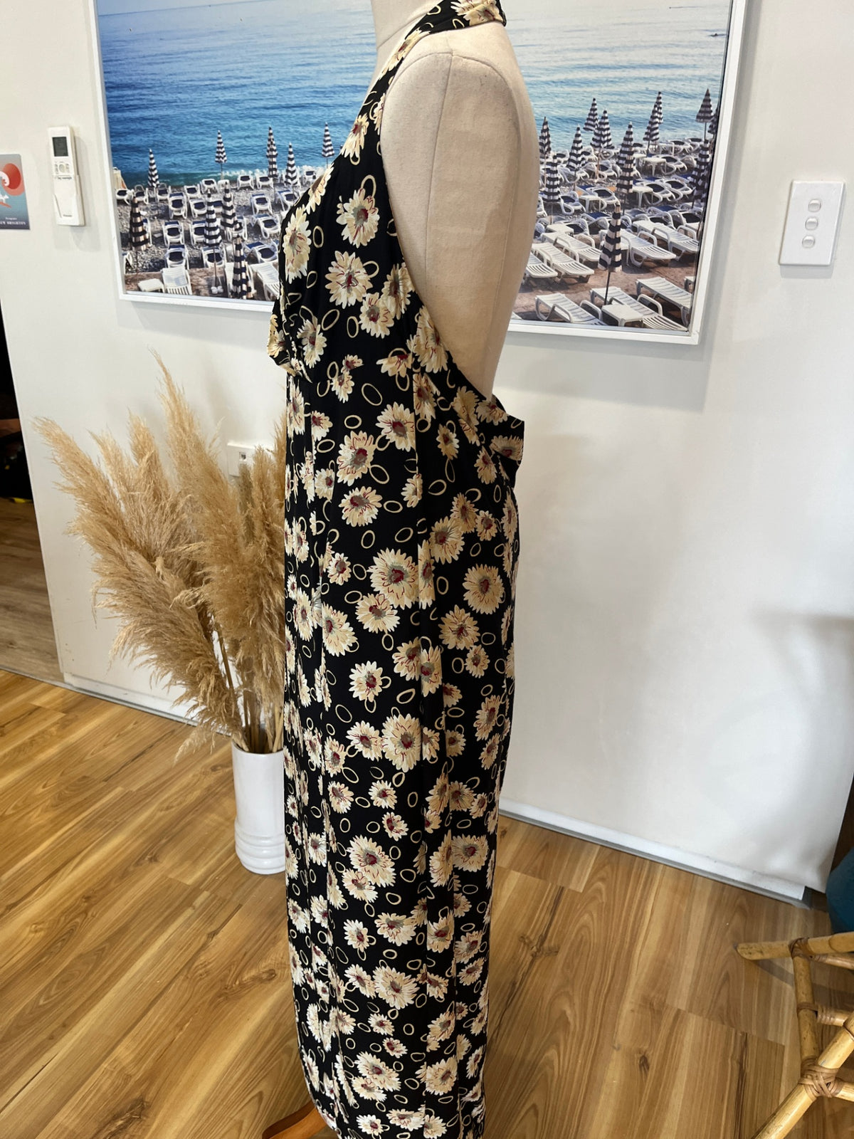 ICE NZ Made Black & Cream Floral Halter Neck Maxi Dress – Size 16