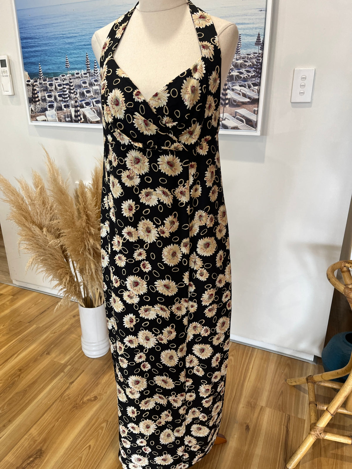 ICE NZ Made Black & Cream Floral Halter Neck Maxi Dress – Size 16