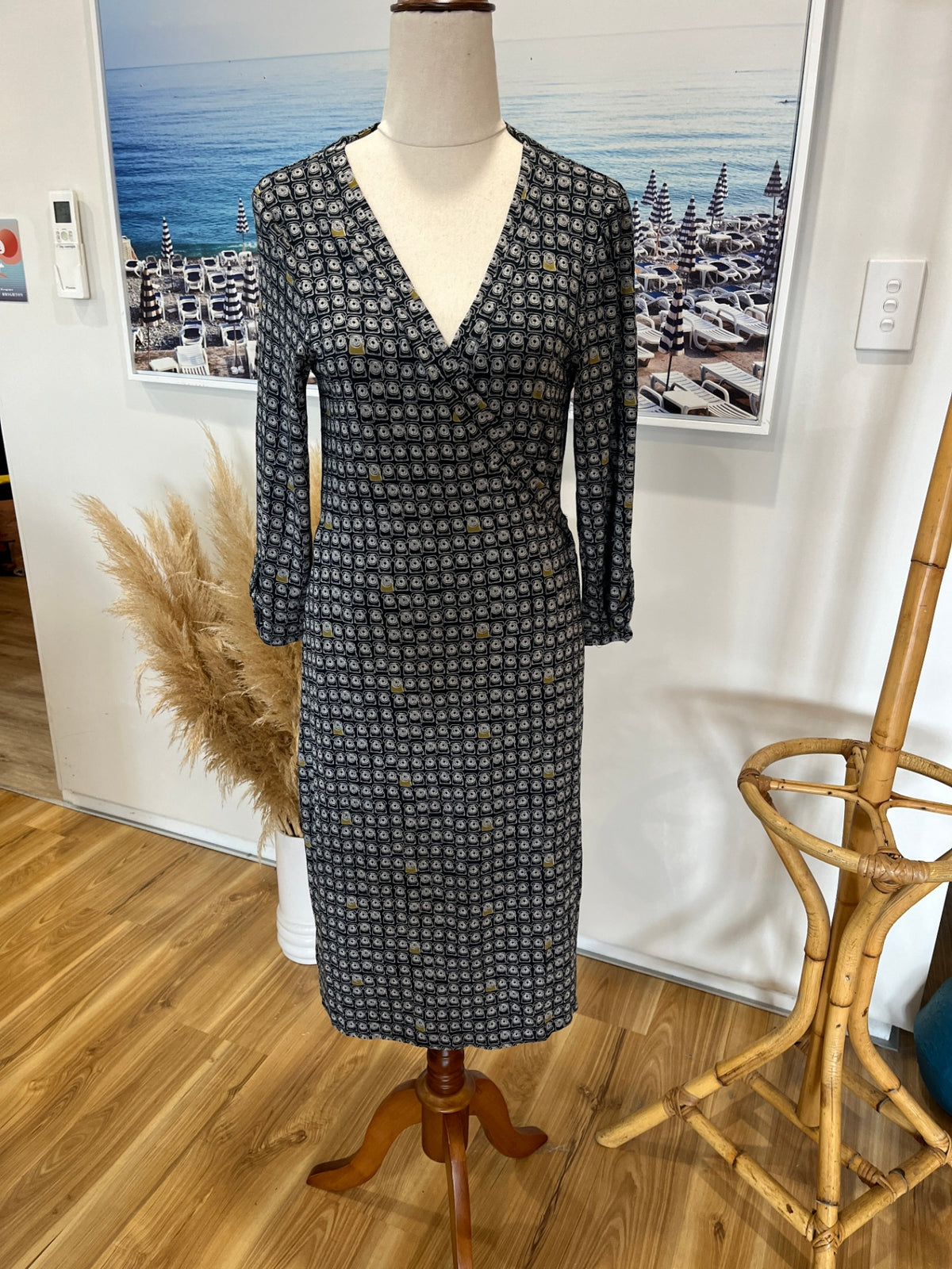 White Stuff Navy Telephone Print Wrap Dress – Size 12 | 3/4 Sleeve