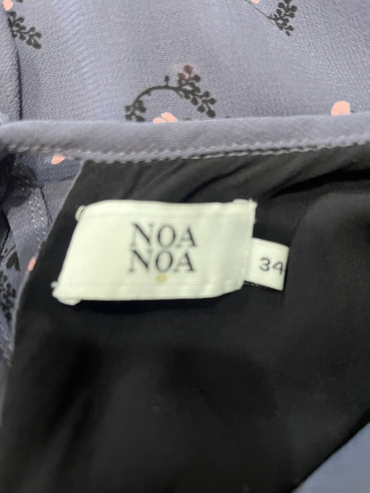 Noa Noa Drapey Blue-Grey Top – Pink & Black Print, Tie-Back Detail, EU 34