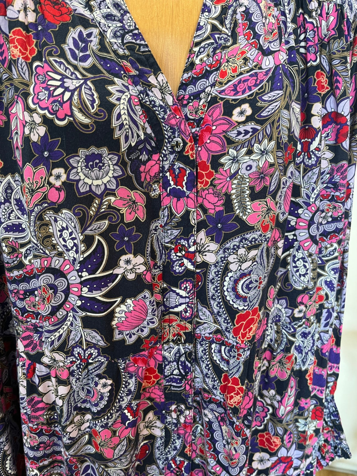 Virtuelle Pink & Purple Floral Dress – V-Neck, Long Sleeves | Size 22