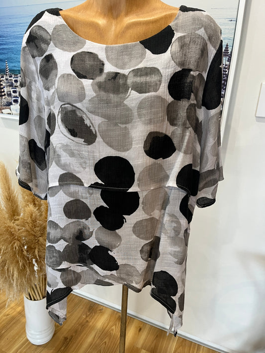 Caroline Morgan Layered Top – Taupe & White with Bold Black Polka Dots | Size 14
