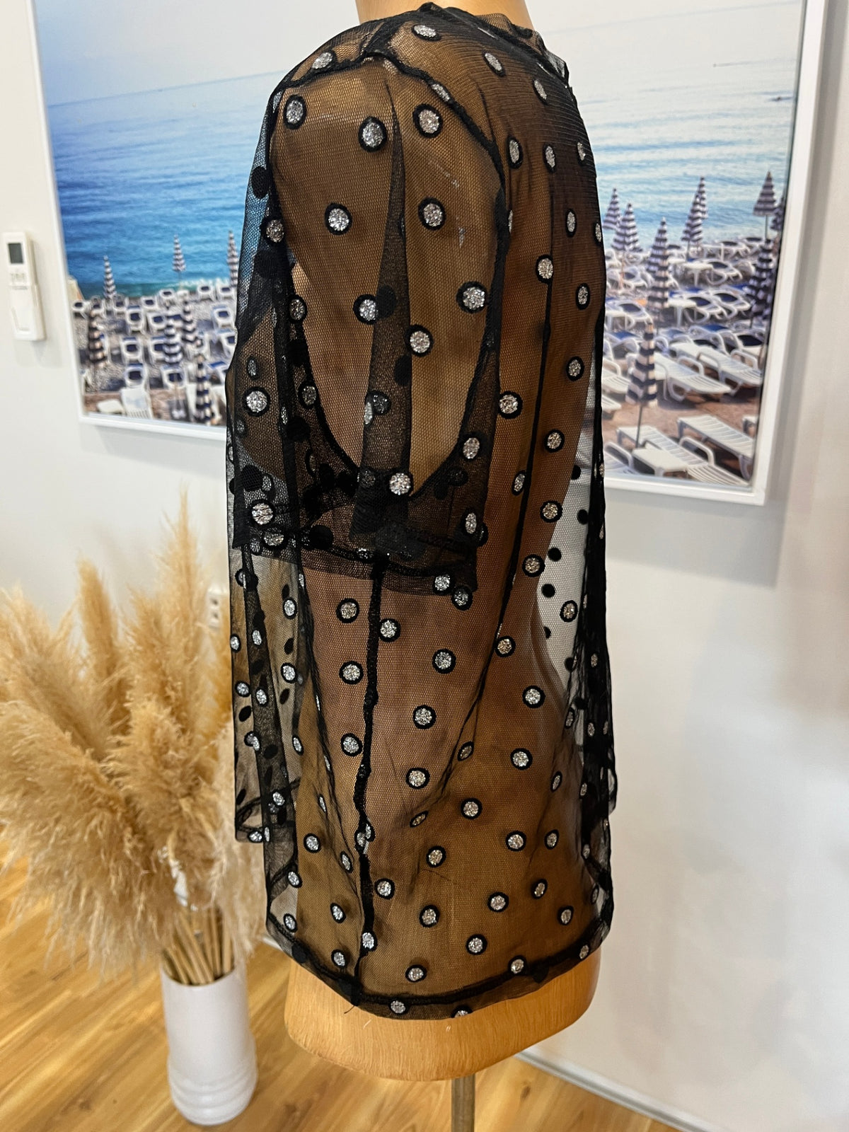 Zara Black Sheer T-Shirt – Silver Polka Dots, Round Neck | M/L