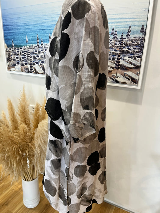 Caroline Morgan Layered Top – Taupe & White with Bold Black Polka Dots | Size 14