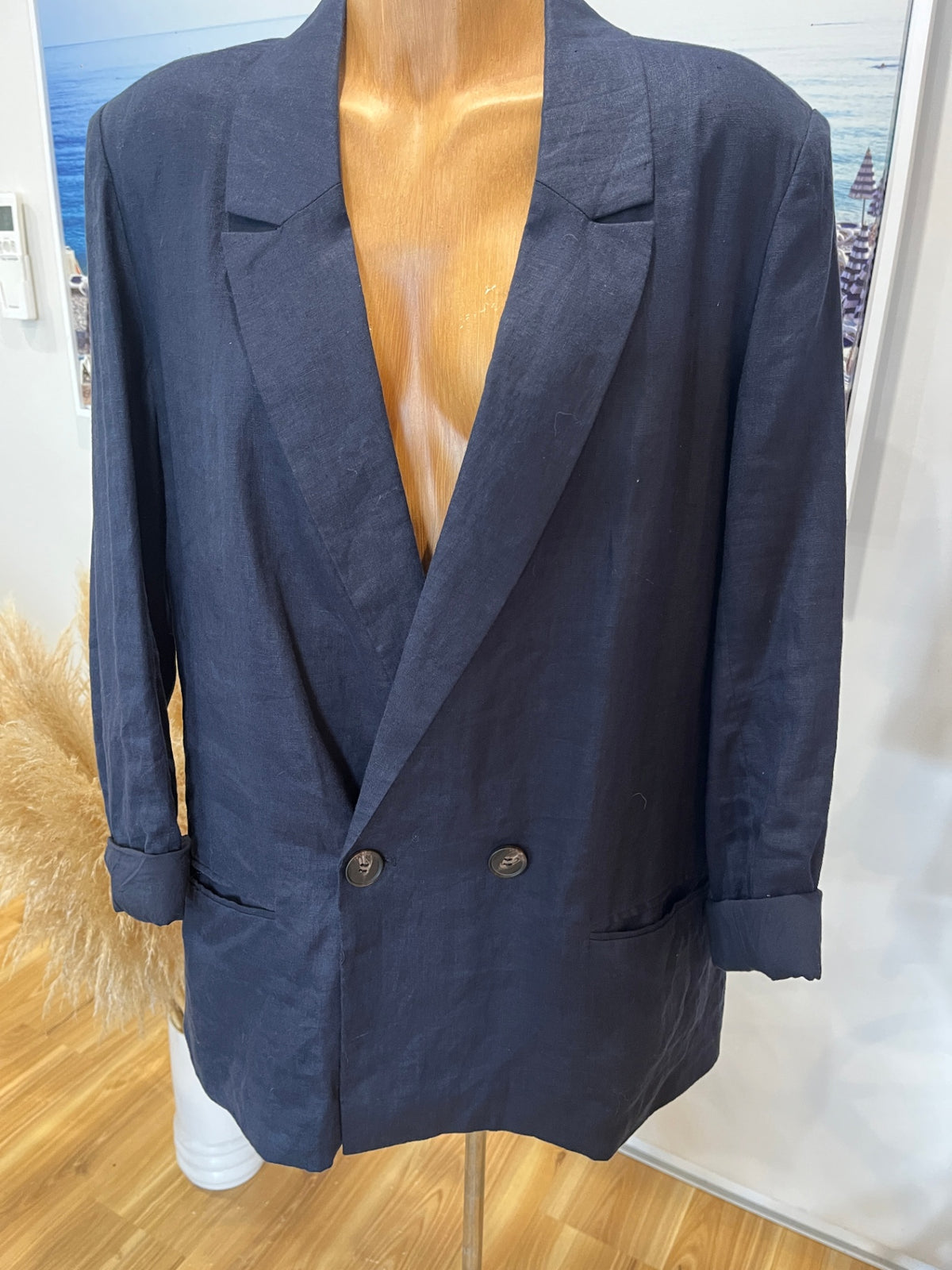 Billie The Label 100% Linen Blazer – Dark Navy, Oversized Double-Breasted Style | Size 14