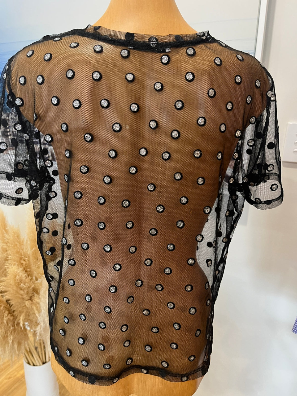 Zara Black Sheer T-Shirt – Silver Polka Dots, Round Neck | M/L