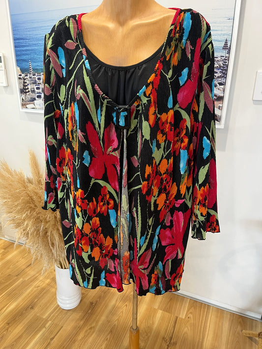 Black Crinkle Top – Bold Floral Print, Layered Front Detail | Size L