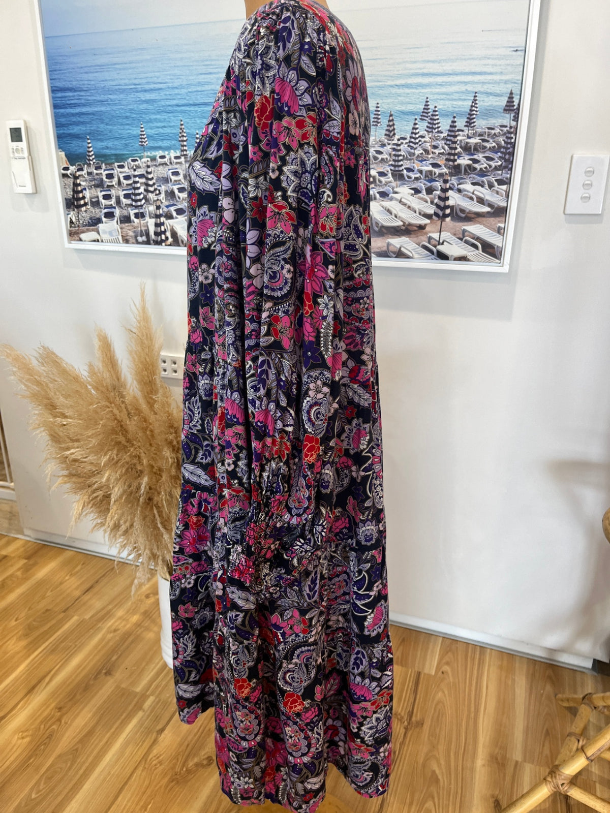 Virtuelle Pink & Purple Floral Dress – V-Neck, Long Sleeves | Size 22