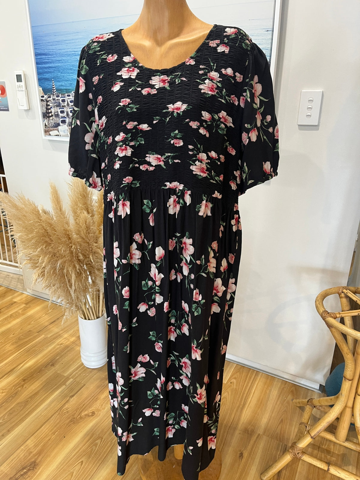 Gloss by Shine On Black Floral Dress – Sheer Front Detail | Size 16