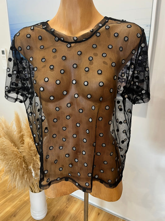 Zara Black Sheer T-Shirt – Silver Polka Dots, Round Neck | M/L
