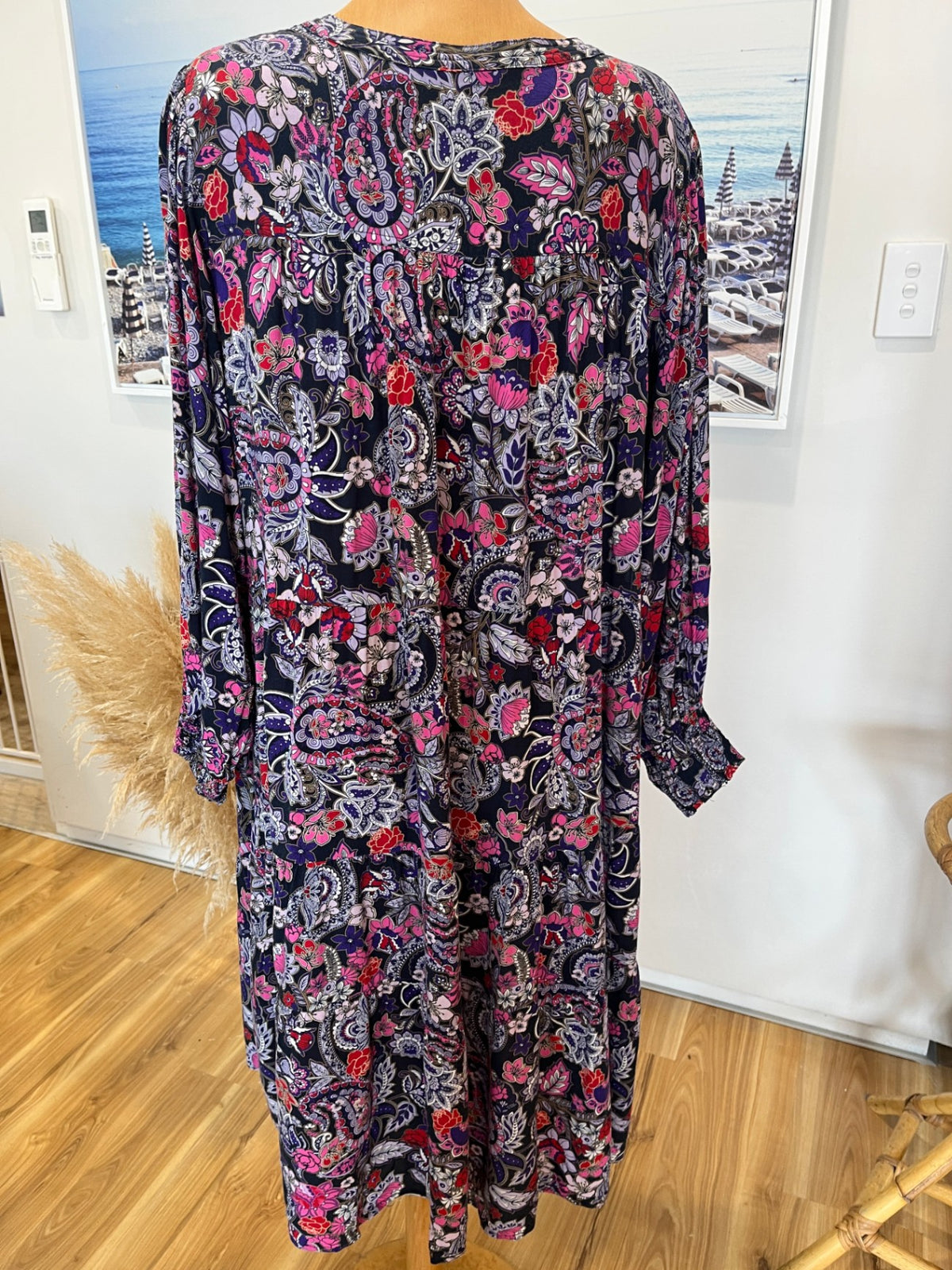 Virtuelle Pink & Purple Floral Dress – V-Neck, Long Sleeves | Size 22