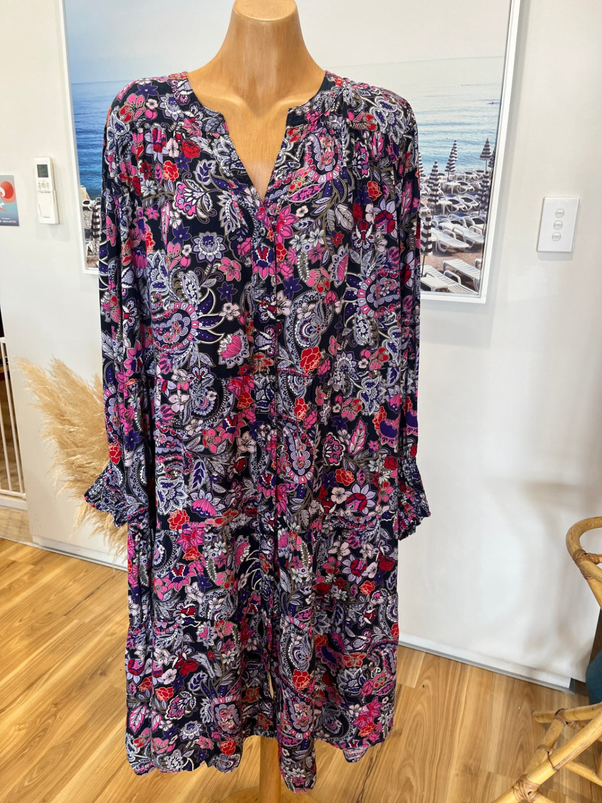 Virtuelle Pink & Purple Floral Dress – V-Neck, Long Sleeves | Size 22