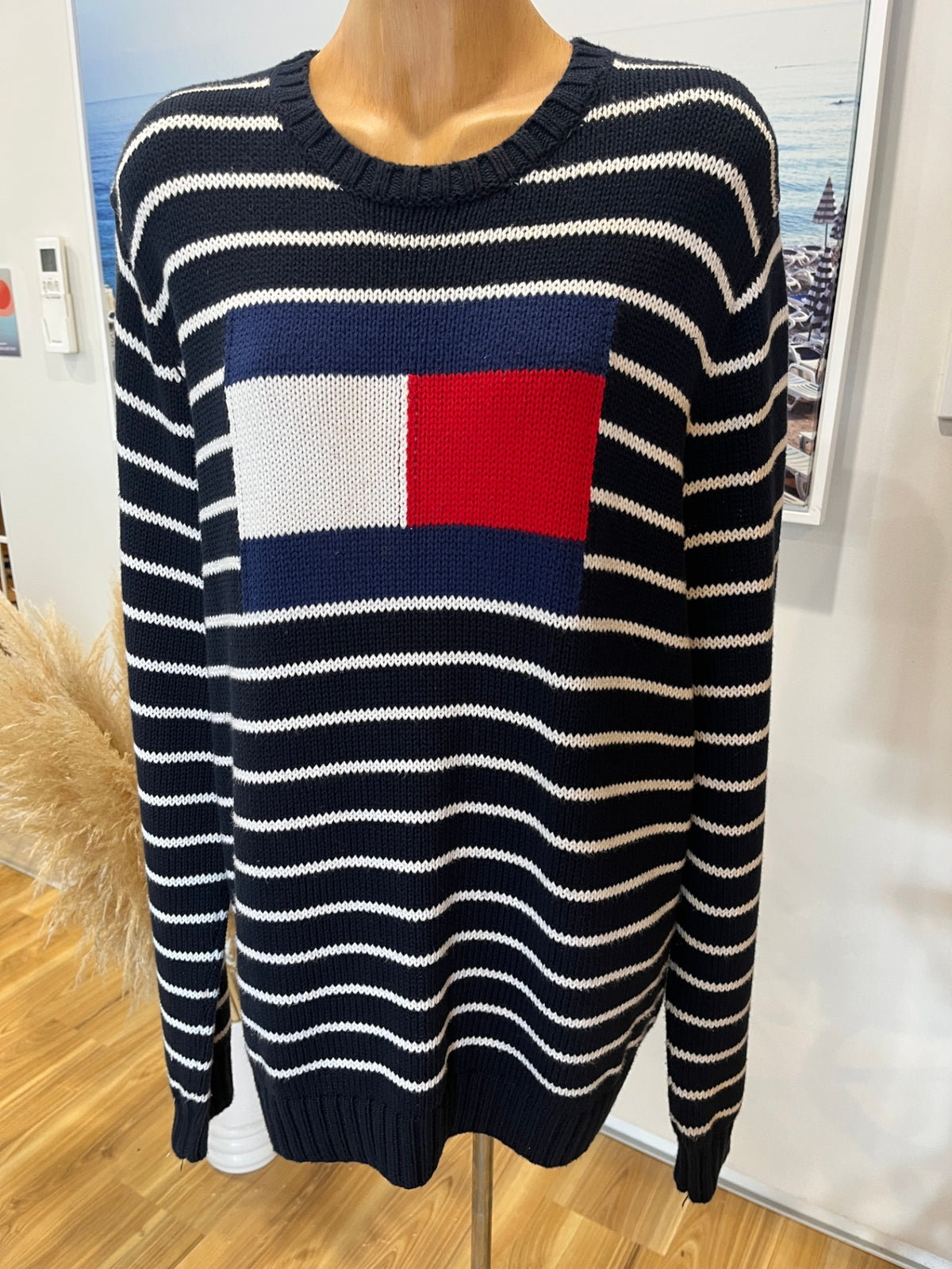 Tommy Hilfiger Navy & White Striped Jersey Top – Long Sleeve | Size L