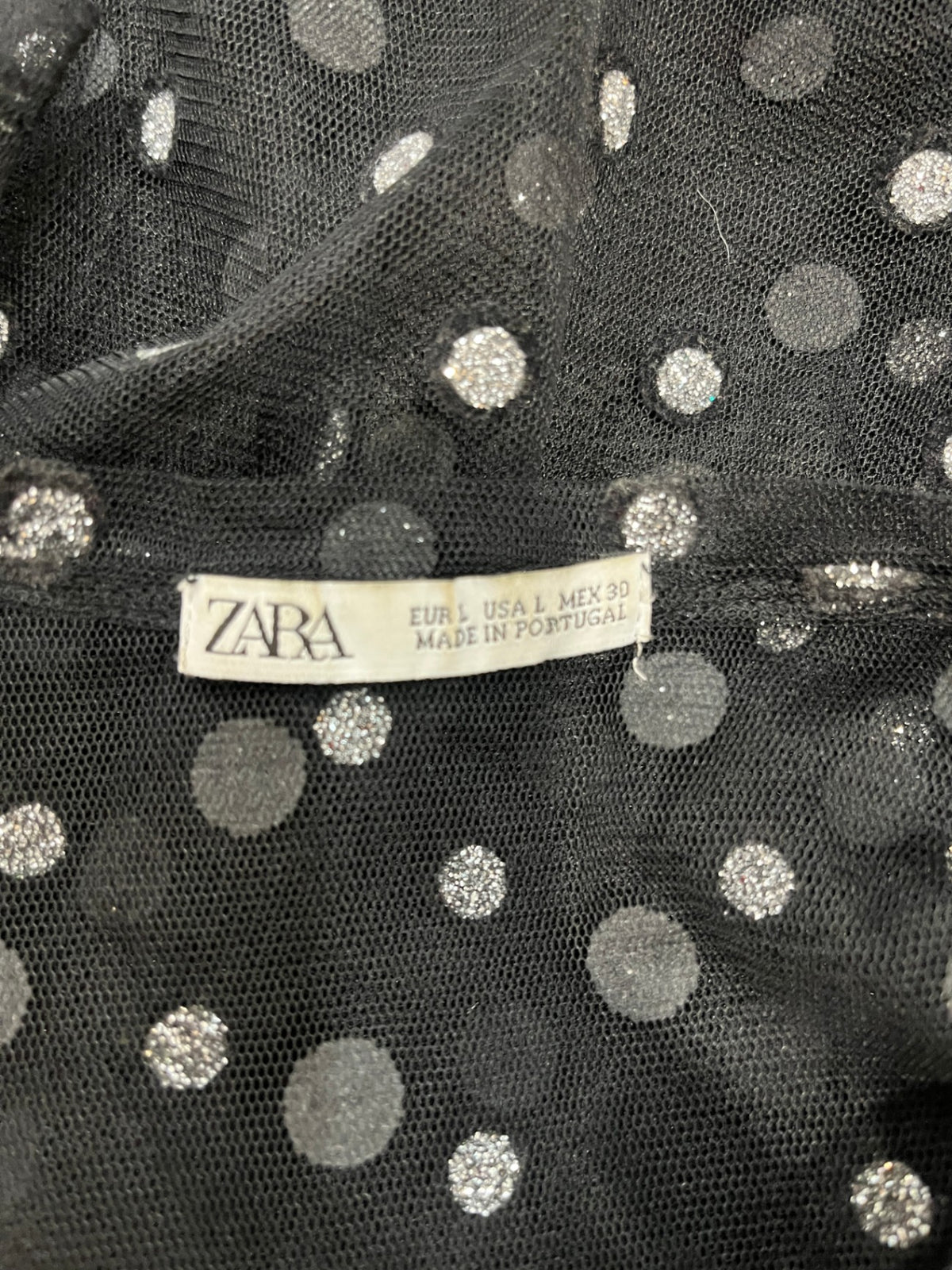 Zara Black Sheer T-Shirt – Silver Polka Dots, Round Neck | M/L