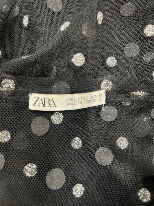 Zara Black Sheer T-Shirt – Silver Polka Dots, Round Neck | M/L
