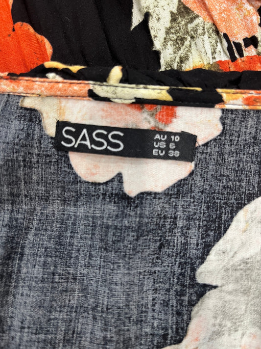 SASS Black Floral Dress – V-Neck Ruffle Sleeve with Bold Orange Print | Size 10