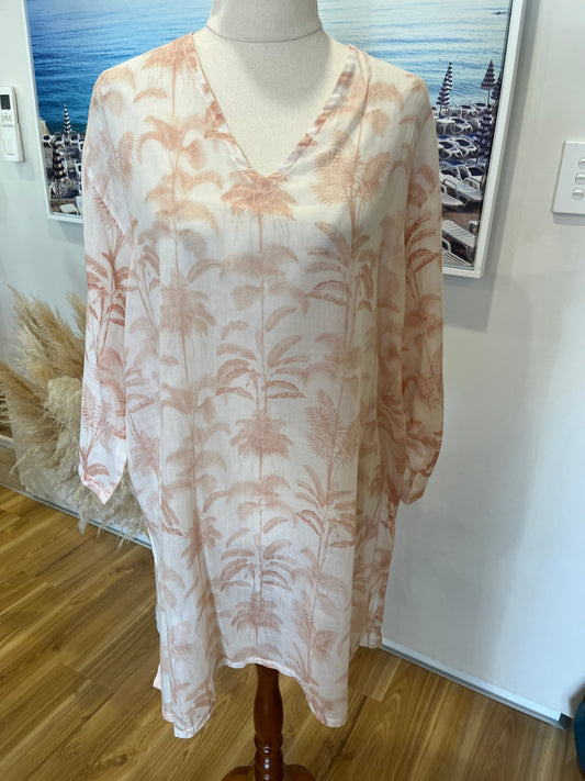 Redcurrent Bora Bora Kaftan BNWT – White Palm Print Beach Cover-Up | L/XL