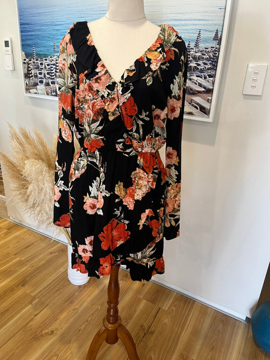 SASS Black Floral Dress – V-Neck Ruffle Sleeve with Bold Orange Print | Size 10