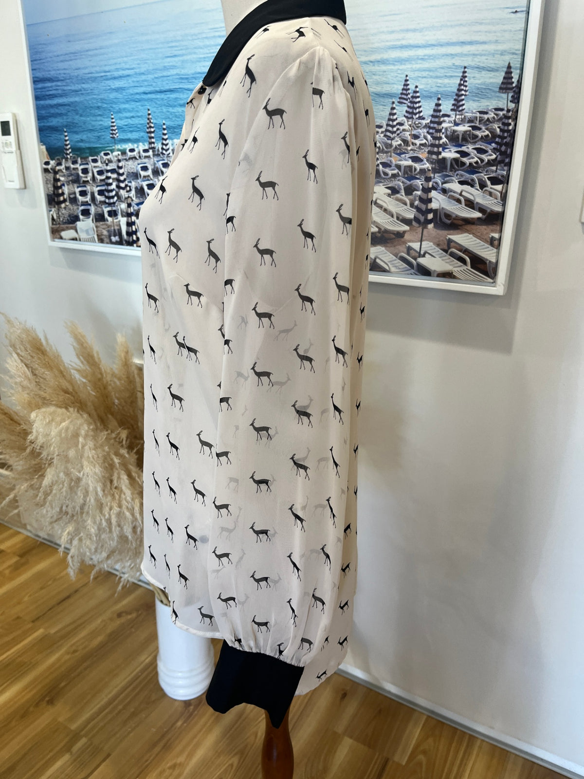 Papaya Sheer Deer Print Shirt – White Long Sleeve Boho Top | Size 14