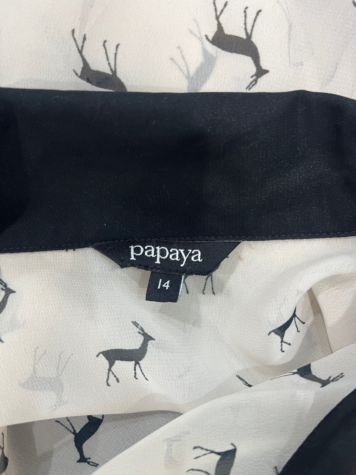 Papaya Sheer Deer Print Shirt – White Long Sleeve Boho Top | Size 14