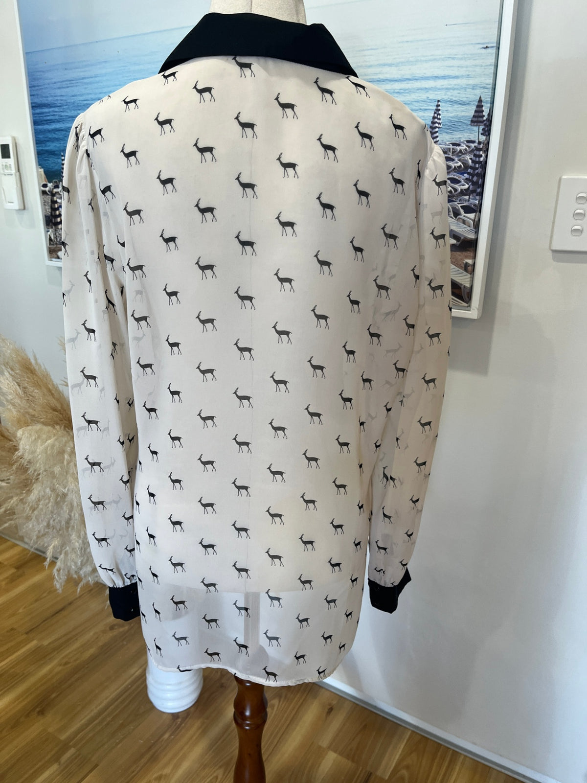 Papaya Sheer Deer Print Shirt – White Long Sleeve Boho Top | Size 14