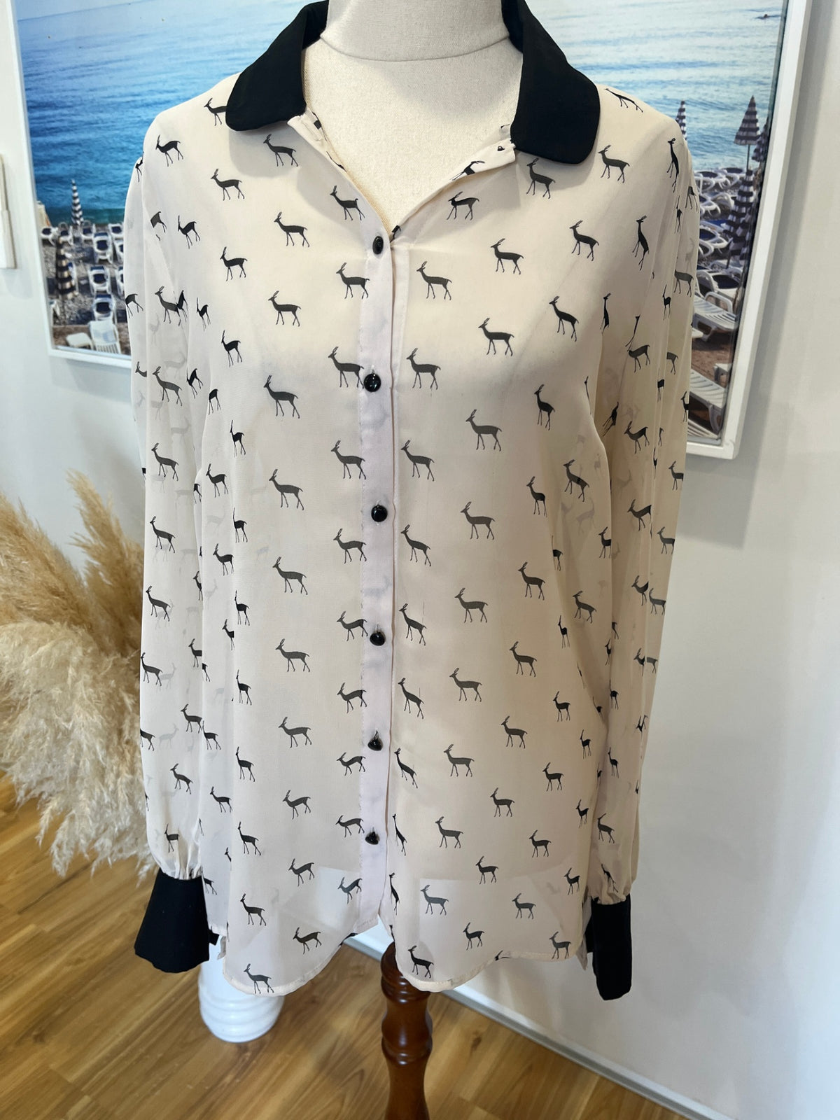 Papaya Sheer Deer Print Shirt – White Long Sleeve Boho Top | Size 14