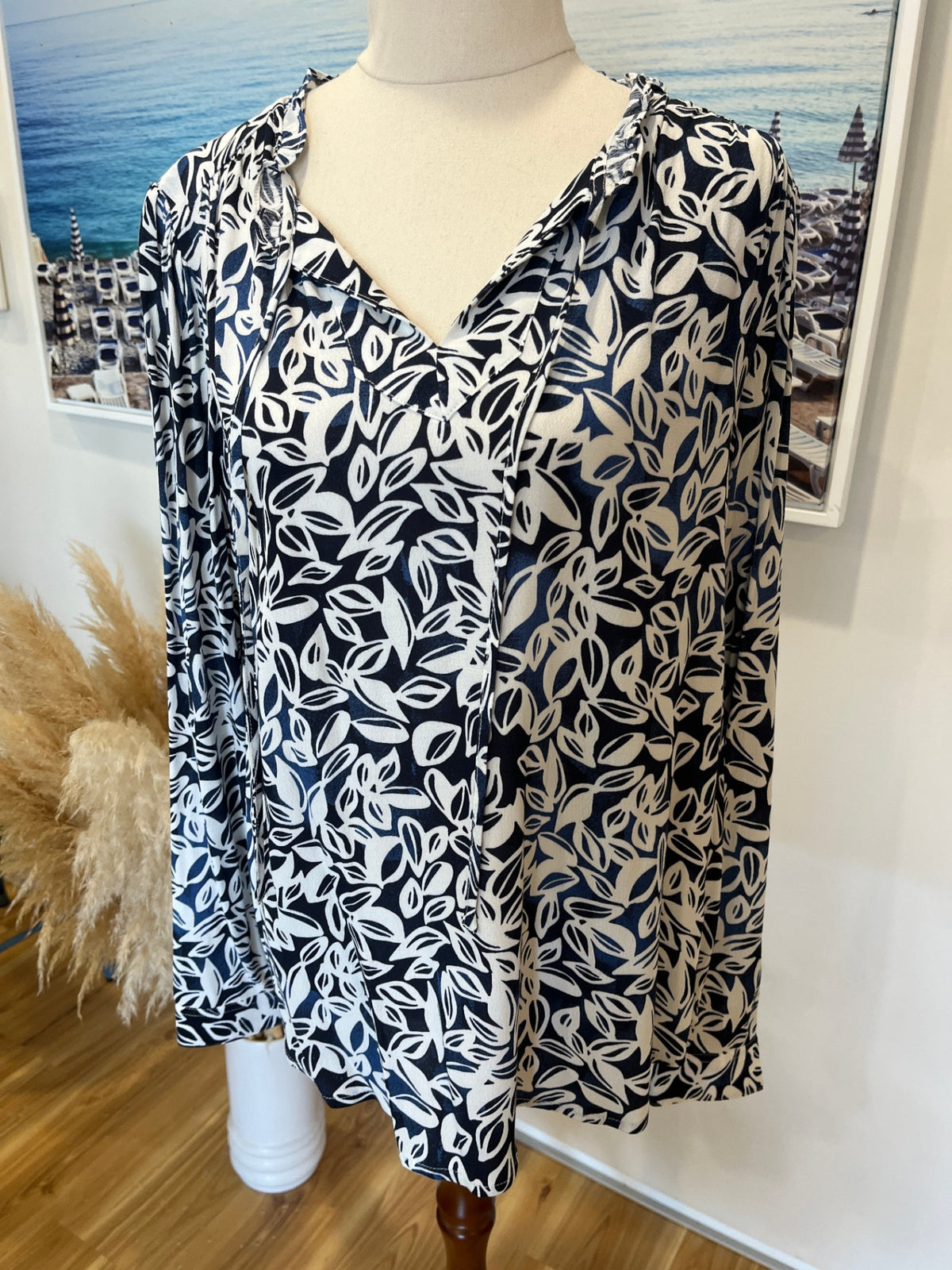FOIL Blue & Cream Leaf Print Blouse – Long Sleeve | Size M