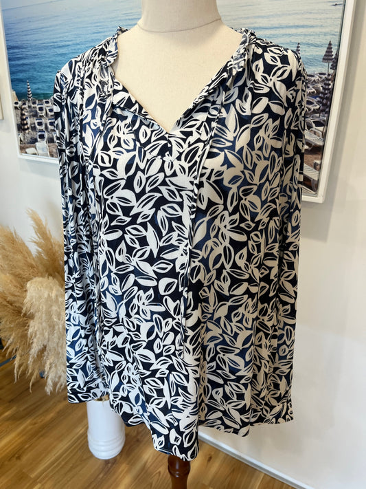 FOIL Blue & Cream Leaf Print Blouse – Long Sleeve | Size M