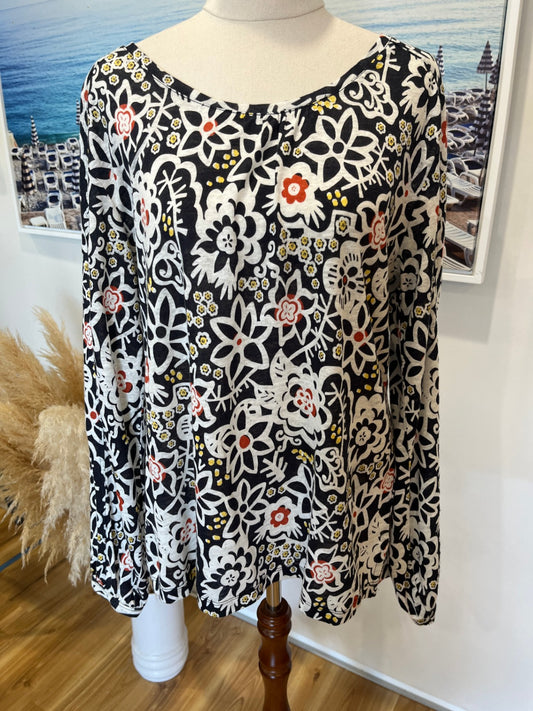 Foil Black & Cream Floral Lightweight Long Sleeve Top – Size Small
