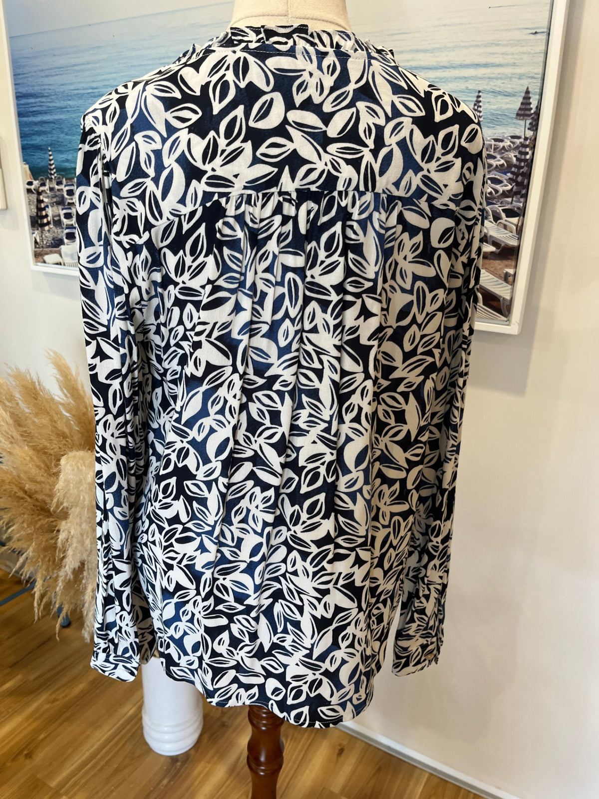FOIL Blue & Cream Leaf Print Blouse – Long Sleeve | Size M
