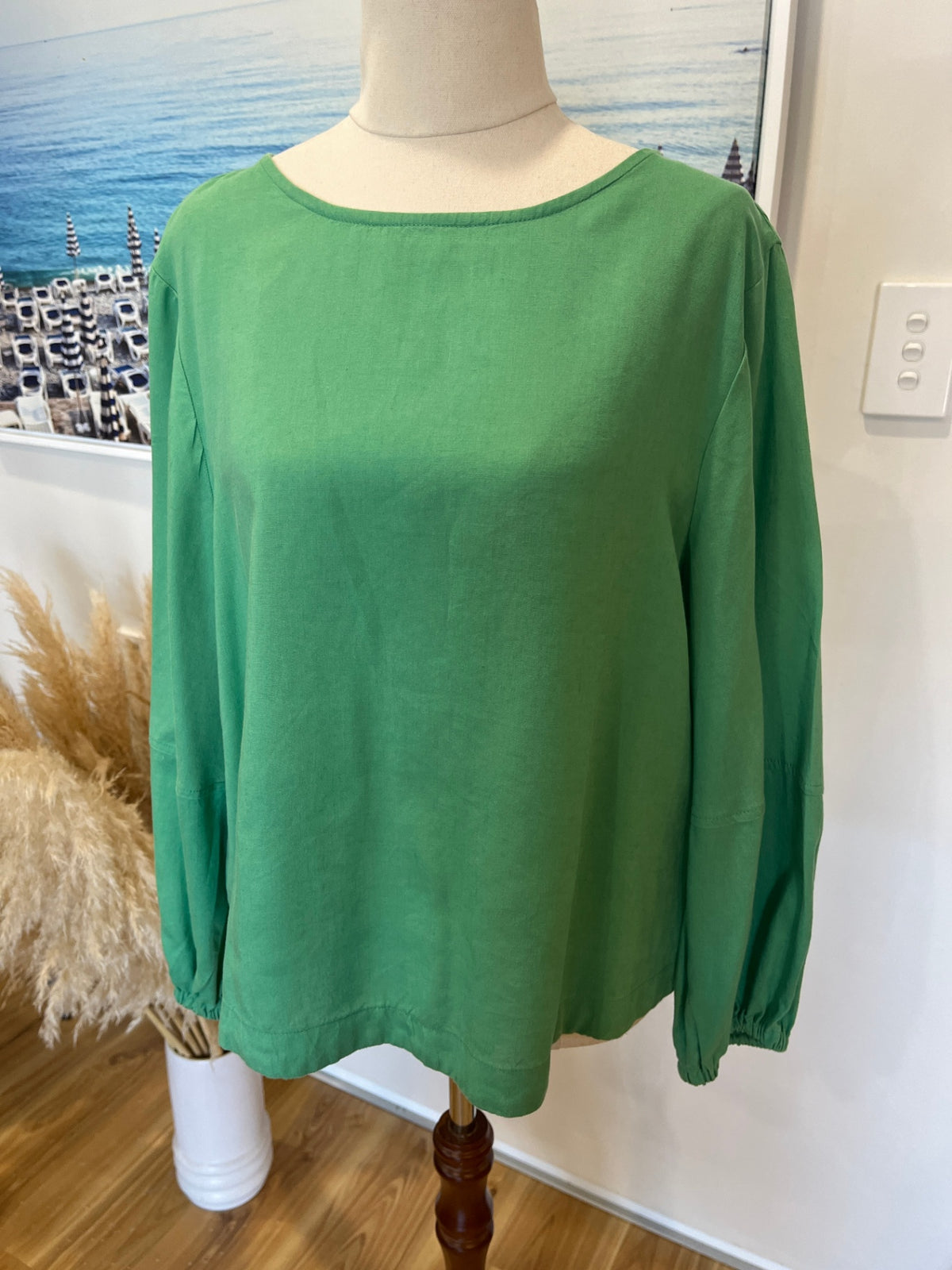 Elm Linen Blend Green Long Sleeve Top – Round Neck | Size 8       