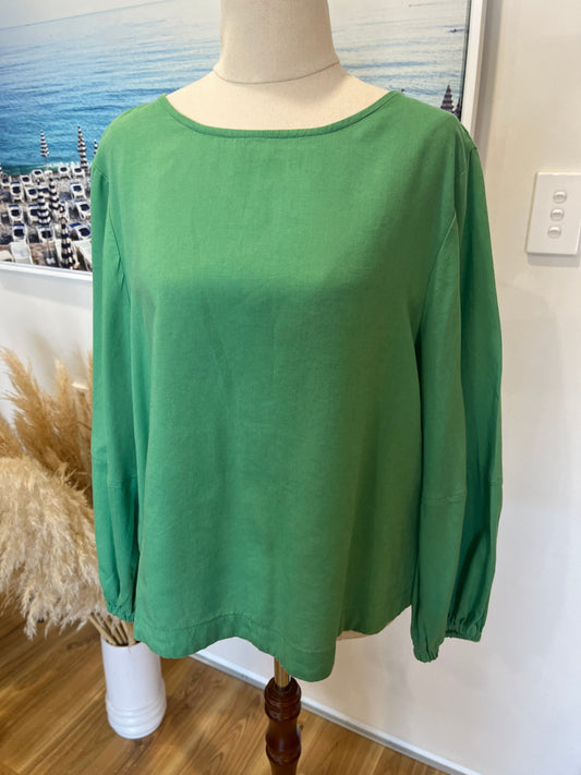 Elm Linen Blend Green Long Sleeve Top – Round Neck | Size 8       