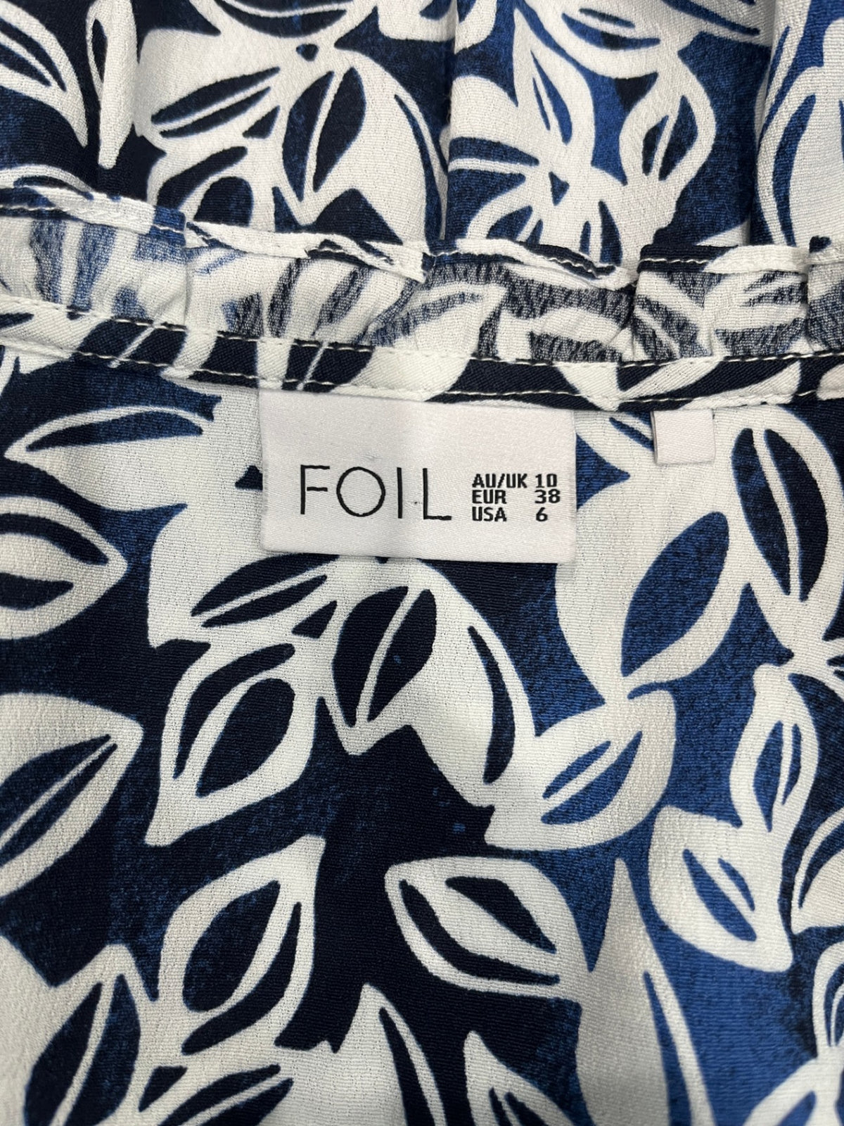 FOIL Blue & Cream Leaf Print Blouse – Long Sleeve | Size M