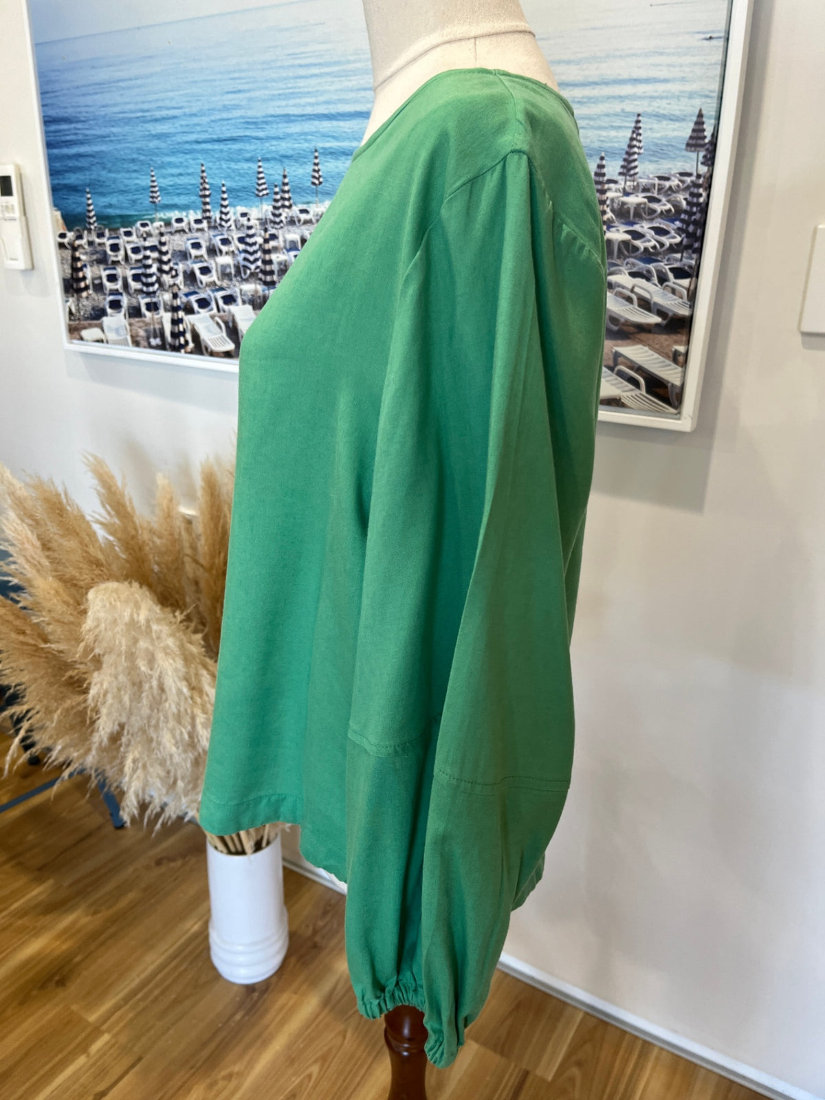 Elm Linen Blend Green Long Sleeve Top – Round Neck | Size 8       