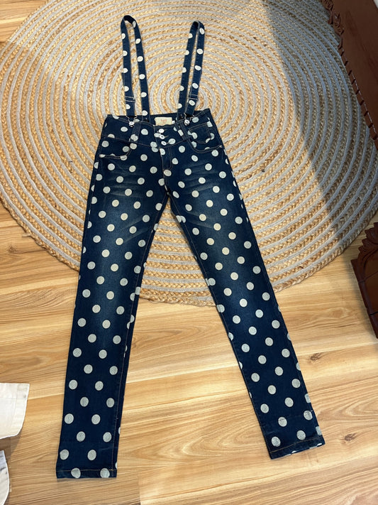 Buff High-Waisted Blue Jeans – White Spot Print | Size 8 | Removable Braces