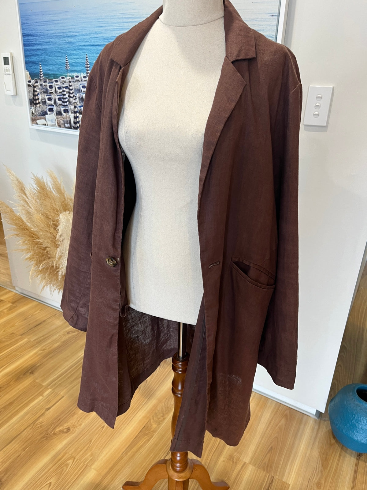 Two by Two Brown Linen Casual Jacket – Pockets & Button Back – Size L