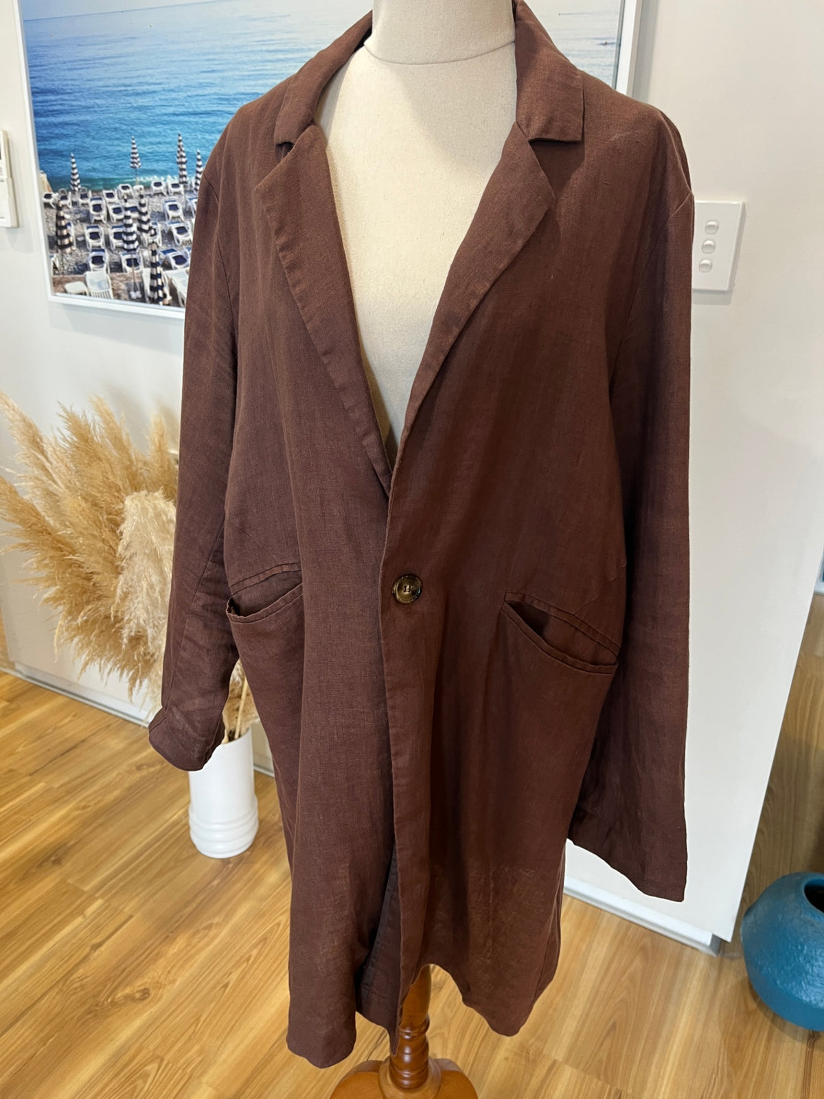 Two by Two Brown Linen Casual Jacket – Pockets & Button Back – Size L
