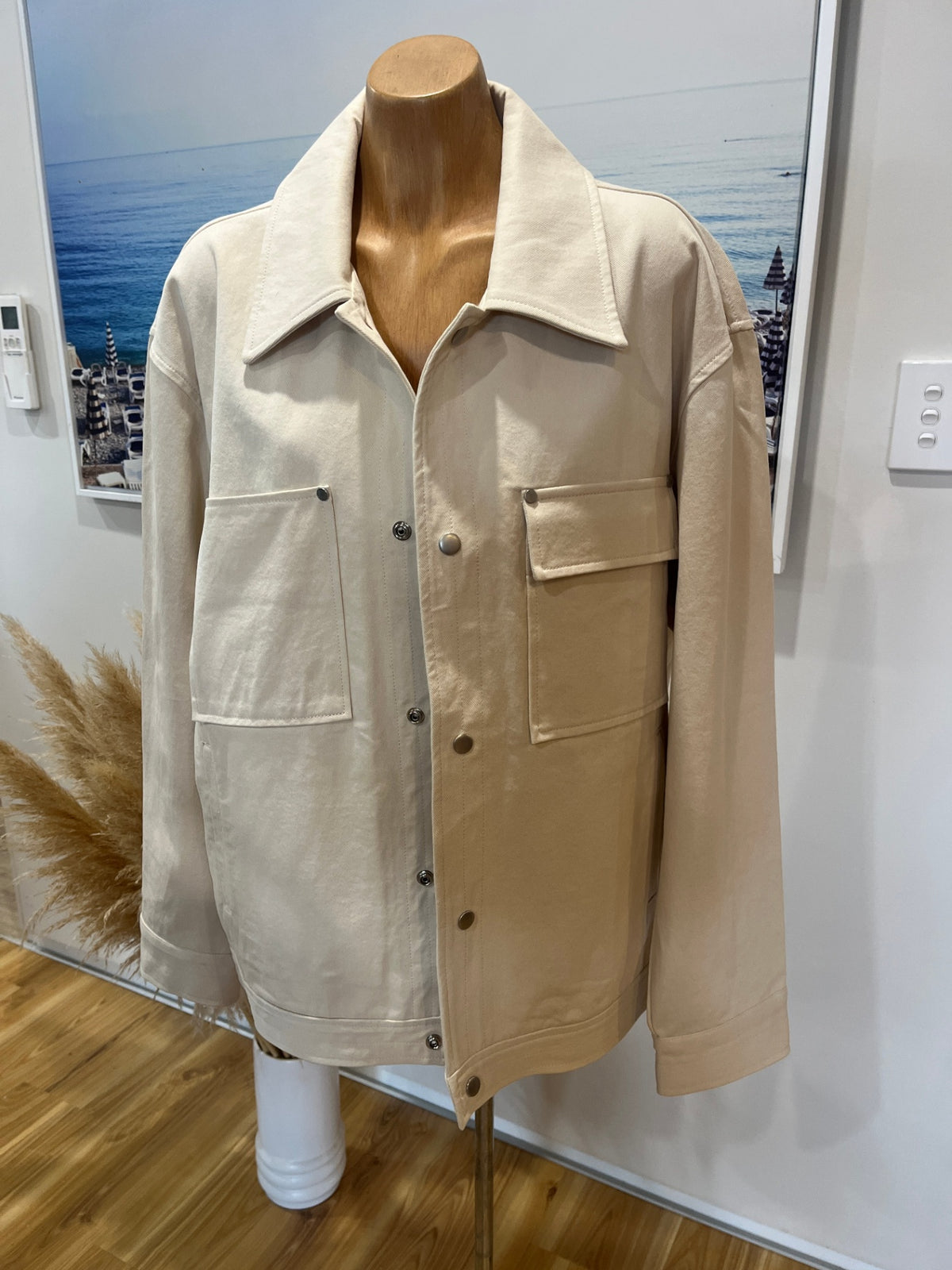 MARSPEOPLE Denim Style Dome Up Cream Jacket - Large