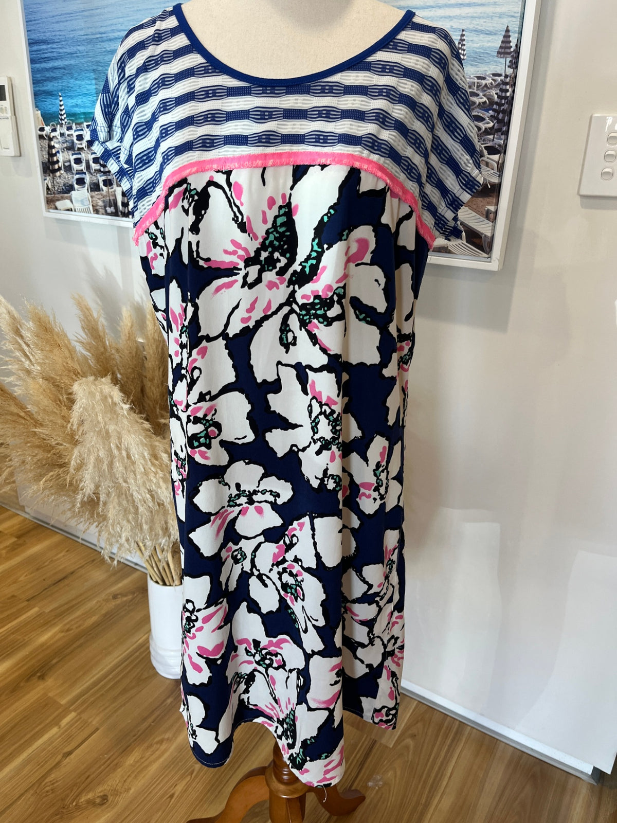 Charlo Blue, White & Pink Floral Slip Dress – Short Sleeve – Size 10